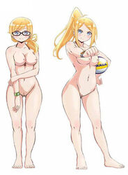 2girls barefoot blonde_hair blue_eyes blush breasts duo feet female female_only glasses harukana_receive multiple_females multiple_girls naked navel nude ponytail pussy thigh_gap thomas_claire thomas_emily toes uncensored