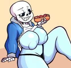 alternate_version_available animated_skeleton artist_request big_breasts black_panties blue_body blue_breasts blue_skin breasts deltarune ectobody ectobreasts eyelashes female female_focus female_only female_sans food genderswap genderswap_(mtf) hot_dog jacket large_breasts long_eyelashes no_bra rule_63 sans shirt_lift shirt_up skeleton smile smug sweater thick_thighs undertale