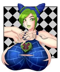 1girls alternate_breast_size big_breasts breasts breasts_bigger_than_head bursting_breasts checkered_background female female_only green_hair huge_breasts human jojo's_bizarre_adventure jolyne_kujo large_breasts mkonstantinov ripped_clothing solo solo_female stand_(jjba) stone_free stone_ocean torn_clothes upper_body