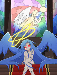 !_!(artist) amauchi blue_hair blush double_halo eyebrows_visible_through_hair hair_wings halo long_hair mon-musu_quest! monster_girl_quest red_eyes ribs small_breasts smile stained_glass stairs very_long_hair