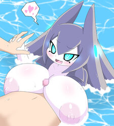 !_!(artist) amauchi blue_eyes blush breasts censored cute_fang eyebrows_visible_through_hair gigantic_breasts hair_ears hand_holding huge_breasts hyper_breasts large_breasts manta_ray_girl monster_girl_quest ocean_(mon-musu_quest!) open_mouth paizuri purple_hair speech_bubble water white_skin