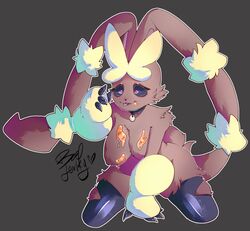 1girls 4_fingers beef_jerky big_ears black_sclera brown_fur bunny_ears collar eye_contact eyelashes furry furry_only half-closed_eyes heart hyper hyper_ears kneeling large_breasts long_ears looking_at_viewer lopunny mega_evolution mega_lopunny messy nintendo nude nude_female on_knees pink_eyes pokemon pokemon_(species) pokemon_dppt pokemon_oras ripped_clothing solo text thick_thighs thigh_gap thighhighs thighs tongue_out watermark wide_hips