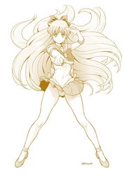 1girls attack bare_legs bishoujo_senshi_sailor_moon bow choker clothing facing_viewer female female_only gloves hairbow high_heels kouda_tomohiro leotard long_hair looking_at_viewer minako_aino panties pantyshot pose safe sailor_collar sailor_venus serafuku short_skirt skirt solo tiara underwear very_long_hair wind