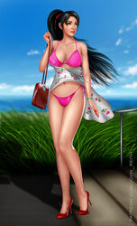 1girls beach bikini black_hair dead_or_alive female heels john_reith kunoichi lipstick momiji_(ninja_gaiden) nail_polish navel ninja_gaiden ponytail purse side-tie_bikini solo sundress tecmo tied_hair
