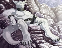 anthro balls belt claws dragon fangs fur furred_dragon male male_only mountain paws penis salonkitty sitting smile snow solo sovy white_body white_fur