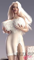 3d big_lips bimbo blonde_hair blue_eyes busty dialuphero freckles gigantic_breasts holding_breasts huge_breasts kaitlin_carraway lifting_breasts wedding_ring white_dress