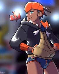 1boy alolan_boy bulge clothed dark_skin human kibana_(pokemon) male male_only nintendo pokemon pokemon_ss raihan_(pokemon) solo text watermark