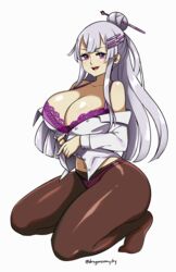 bra breasts cleavage d-ryuu dress_shirt frolaytia_capistrano hair_pin heavy_object huge_breasts lace pantyhose purple_eyes shirt silver_hair smile thighs underwear undressing