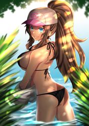 1girls alternate_breast_size ass back baseball_cap bikini black_bikini black_swimsuit blue_eyes breasts brown_hair clothed eye_contact hilda_(pokemon) large_breasts looking_at_viewer looking_back nintendo pokemon pokemon_bw pool_add sideboob source_request takecha thick_thighs thigh_gap wide_hips