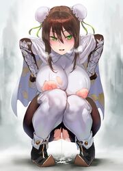 absurdres ankle_boots bangs bar_censor blush bodysuit boots breasts brown_bodysuit brown_hair bun_cover cape capelet censored cleavage cloak crossed_bangs double_bun exposed_breasts exposed_pussy eyebrows_visible_through_hair fantia_reward fate/grand_order fate_(series) female fingerless_gloves full_body gloves green_eyes hair_between_eyes hair_bun highres iku_(ikuchan_kaoru) large_breasts lips looking_at_viewer multicolored multicolored_bodysuit multicolored_clothes nipple_cutout nipples no_bra no_panties open_mouth paid_reward pointy_shoes pubic_hair pussy pussy_juice pussy_juice_puddle pussy_juice_trail qin_liangyu_(fate) saliva shoes smile solo squatting sweat tied_hair torn_bodysuit torn_clothes white_bodysuit