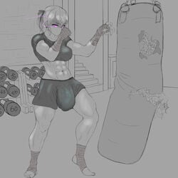 1futa abs arm_wraps bandage big_breasts bulge futa_only futanari gym gym_uniform handwraps huge_balls huge_cock intersex konfewcious leg_wraps megumi_amano_(muchin) muscles muscular muscular_futanari penis_under_clothes punching_bag solo thick_penis thick_thighs thin_waist vein veins veiny_penis weights wraps