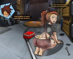 2d 2girls ass ass_cleavage big_ass blizzard_entertainment blush brigitte brown_hair butt_crack caveman147 dialogue female flustered huge_ass overwatch speech_bubble sweat thong tracer