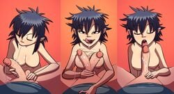 1girls asian big_breasts blowjob fellatio female female_focus gorillaz handjob licking male_on_bottom noodle_(gorillaz) spitting steecks tagme