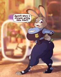 ass_expansion breast_expansion clothing dialogue disney fully_clothed hourglass_expansion huge_breasts inflation judy_hopps large_breasts ripping_clothing stunnerpony text torn_clothes zootopia