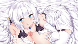 1boy arashiki_mamizu azur_lane bangs blue_eyes blush breast_squeeze breasts censored cleavage cum cum_on_body cum_on_breasts cum_on_upper_body dress elbow_gloves eyebrows_visible_through_hair female gloves hair_ornament hair_ribbon highres illustrious_(azur_lane) large_breasts long_hair looking_at_viewer mole mole_under_eye mosaic_censoring nipples open_mouth paizuri penis pov ribbon smile solo_focus straight thighhighs white_dress white_gloves white_hair white_legwear