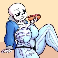 animated_skeleton artist_request big_breasts black_panties blue_body blue_breasts blue_skin deltarune ectobody ectobreasts exotic_colors eyelashes female female_focus female_only female_sans food genderswap genderswap_(mtf) hot_dog jacket large_breasts long_eyelashes no_bra rule_63 sans shirt_lift shirt_up skeleton smile smug sweater thick_thighs translucent translucent_body translucent_skin undertale