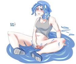2018 animal_humanoid beanie bite biting_lip blue_eyes bodily_fluids breasts cephalopod cephalopod_humanoid cev clothing digital_media_(artwork) female finger_fuck fingering genital_fluids hat headgear headwear hi_res humanoid ink looking_at_viewer marine marine_humanoid masturbation mollusk mollusk_humanoid nintendo octarian octoling pseudo_hair pussy simple_background solo splatoon tentacle tentacle_hair topwear vaginal_penetration video_games