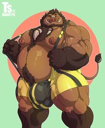 1boy 2018 absurd_res animal_humanoid anthro bara beard belly big_muscles body_hair broody brown_body brown_fur brown_hair bulge chest_hair facial_hair flaccid fur happy_trail hi_res huge_bulge huge_muscles humanoid jewelry looking_at_viewer male male_only mammal musclegut muscular muscular_anthro muscular_legs muscular_male necklace nipples pink_nipples red_eyes solo suid suina sus_(pig) thick_thighs tusks tylerstark veiny_muscles wild_boar wrestling_singlet