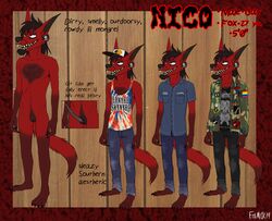 2019 andromorph anthro biped black_hair body_hair canid canine canis claws clothing cuntboy digital_media_(artwork) ear_piercing erect_clitoris erection fox foxmusk fur fur_markings hair hairy hat headgear headwear intersex male mammal markings model_sheet nico_(character) nico_(foxmusk) nude piercing pussy red_body red_fur redneck sharp_teeth solo southern teeth