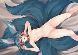 animal_ears areolae bedsheets bell_collar blue_hair breasts bushy_tail collar cute_fang flower_in_hair flowers_in_hair from_above granblue_fantasy hand_to_face kerasu long_ears long_tail looking_at_viewer messy_hair multiple_tails navel nipples nude on_back open_mouth pussy red_eyes ricegnat ring_hair_ornament small_breasts spread_legs tail uncensored you_(granblue_fantasy)