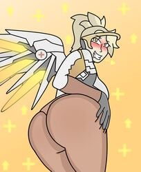 1girls ass big_ass blonde_hair blush caveman147 female female_only horny huge_ass looking_at_viewer looking_back mercy overwatch wings