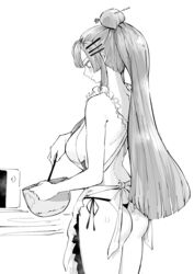 apron ass bangs blush breasts commentary commission cooking cowboy_shot english_commentary female frolaytia_capistrano from_behind greyscale heavy_object high_ponytail long_hair medium_breasts monochrome nearly_naked_apron no_bra norman_maggot panties side-tie_panties sideboob sidelocks solo standing thong underwear very_long_hair