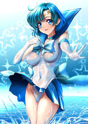 1girls ami_mizuno attack bishoujo_senshi_sailor_moon blue_eyes blue_hair bow choker clothed clothed_female clothing covered_navel earrings erect_nipples erect_nipples_under_clothes female female_focus female_only gloves impossible_clothes leotard looking_at_viewer nipple_bulge nipples_visible_through_clothing pantyshot partially_submerged pokies pose sailor_collar sailor_mercury see-through sen_(sansui) serafuku sheer sheer_clothing short_hair short_skirt skirt skirt_lift small_breasts solo solo_female standing stomach thick_thighs thighs tiara tight_clothing uniform upskirt water wet wet_clothes