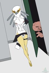 2019 accipitriform aggressive_retsuko anthro avian beak big_breasts bird breasts casual_exposure closed_eyes clothed clothing digital_media_(artwork) domestic_pig feathers female hi_res humanoid imminent_rape invalid_tag mammal office_lady pussy sanrio secretary_bird secretary_washimi shirt simple_background standing_tough straight_hair suid suina sus_(pig) topwear washimi