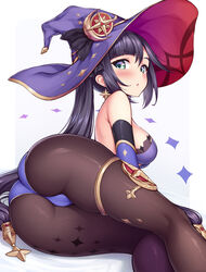 1girls ass blush breasts bubble_ass bubble_butt female genshin_impact hi_res ivenglynn leotard mona_(genshin_impact) pantyhose witch_hat