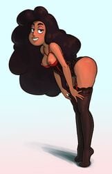 1girls bending_forward breasts_out bustier cartoon_network corset dark-skinned_female dark_skin eyeshadow female female_only fusion garter_straps gem_fusion lingerie nipples pears_(artist) solo steven_universe stevonnie stockings