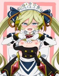 absurdres blonde_hair blue_eyes blush breasts carol_malus_dienheim clothes_lift female goounagi highres long_hair looking_at_viewer maid maid_headdress nipples open_mouth senki_zesshou_symphogear shirt_lift small_breasts smile solo twintails