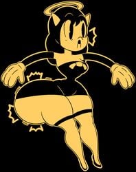 1girls alice_angel ass_expansion bendy_and_the_ink_machine black_hair bow_tie breasts gloves halo heels horns huge_ass hyper mrpr1993 ripped_clothing surprised