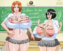 2girls absurd_res alternate_body_type alternate_breast_size big_breasts bleach body_writing breasts busty curvaceous curvy curvy_body curvy_female curvy_figure ero-enzo female female_focus female_only huge_breasts inoue_orihime kuchiki_rukia large_breasts lipstick long_hair multiple_girls patreon_only_post rtenzo school_uniform short_hair voluptuous writing_on_tits