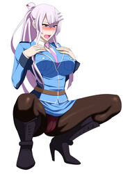 10s blush boots breasts brown_legwear collared_shirt female frolaytia_capistrano fully_clothed hair_bun hands_on_breasts heavy_object high_heel_boots high_heels highres knee_boots large_breasts lime_(purple_haze) long_hair long_sleeves miniskirt necktie open_mouth panties panties_under_pantyhose pantyhose pantyshot pantyshot_(squatting) purple_eyes shirt skirt solo squatting underwear uniform white_hair