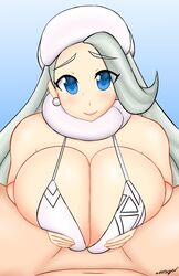 1boy 1girls alternate_breast_size blue_eyes breasts earrings high_resolution huge_breasts human human_only jewelry long_hair looking_at_viewer mature mature_female mature_woman melony_(pokemon) milf nintendo paizuri pokemon pokemon_ss pov somegu