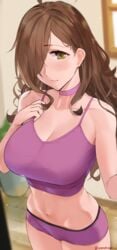 1girls abs ahoge blush booty_shorts brown_hair choker cleavage crop_top ear_piercing kono_subarashii_sekai_ni_shukufuku_wo! large_breasts long_hair looking_at_viewer panties sendrawz sports_bra white_skin wiz_(konosuba) yellow_eyes