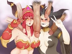 2girls 5boys abs alexstrasza big_breasts big_penis blizzard_entertainment blush breasts cleavage clothed_female_nude_male dark-skinned_male dark_skin demon demon_girl demon_horns diablo diablo_4 dragon_girl dragon_horns erection female human humanoid interracial interspecies large_breasts lilith_(diablo) male male_human/female_demon male_human/female_humanoid penis penis_on_cheek penis_on_face penis_on_forehead pubic_hair succubus sunnysundown sweat v veins world_of_warcraft