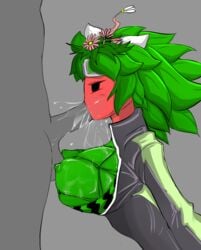 big_breasts blaster_master blaster_master_zero blaster_master_zero_2 blowjob breasts_out_of_clothes cum_in_mouth fellatio fufucatu goggles green_hair green_skin human_on_plantie jacket kanna_(blaster_master) mob_face oral plant_girl plant_humanoid plantie red_skin straight watermelon_bra watermelon_nets