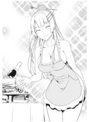 apron blush breasts cleavage collar_bone female frolaytia_capistrano heavy_object large_breasts long_hair monochrome nagi_ryou naked_apron smile thighs