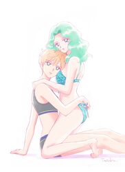 2girls artist_name bishoujo_senshi_sailor_moon blonde_hair blue_eyes bra canon_couple entangled female female_only haruka_tenou head_on_chest lace_panties leaning_on_person legs lingerie looking_at_viewer medium_hair michiru_kaiou panties partially_clothed pose short_hair shoulder_length_hair sitting small_breasts soft tasuku_(tasukurukuru) teal_eyes teal_hair underwear very_short_hair wavy_hair yuri