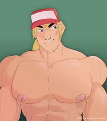 1boy abs bara biceps blonde blonde_hair blue_eyes facial_hair fatal_fury gay green_background hat huge_pecs human human_only king_of_fighters looking_away male male_chest male_focus male_nipples male_only muscle muscles muscular muscular_male nipples pecs pectoral_focus pectorals shirtless sleepy_wednesday smile smiling snk solo solo_focus solo_male terry_bogard topless upper_body video_games