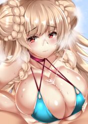 1boy alternate_costume azur_lane bangs bikini blonde_female blonde_hair blue_bikini blush braid breast_squeeze breasts choker cleavage cube_(circussion) cum cum_on_body cum_on_breasts cum_on_upper_body double_bun ejaculation eyebrows_visible_through_hair female formidable_(azur_lane) formidable_(the_lady_of_the_beach)_(azur_lane) large_breasts long_hair looking_at_viewer paizuri paizuri_under_clothes pov red_eyes sidelocks solo_focus straight swimsuit very_long_hair