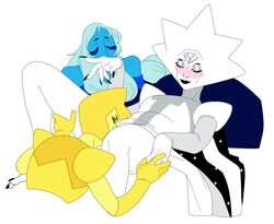 3girls barefoot blue_diamond_(steven_universe) blush cape closed_eyes clothed_sex clothing cunnilingus diamond_authority dress female_only implied_cunnilingus implied_oral kissing_hand multiple_girls passionate ruthion69 steven_universe threesome white_diamond_(steven_universe) worship yellow_diamond_(steven_universe) yuri