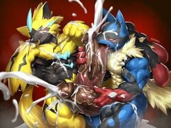 2019 4:3 abs anthro bara blue_body blue_fur bodily_fluids candy canid canine chocolate cum cumshot ejaculation excessive_cum felid feline food fur gay genital_fluids humanoid_penis hyper hyper_penis kuroma legendary_pokémon lucario male male/male male_only mammal muscular muscular_male nintendo orgasm original_character pecs penis pocky pokemon pokemon_(species) pokemon_dppt pokemon_usm red_eyes video_games yellow_body yellow_fur zeraora