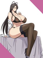 bra breasts brown_hair cleavage deep_cleavage devil-v erect_nipple female female_only garter_straps glasses green_eyes hasegawa_chisato high_heels highres huge_breasts lingerie milf panties shinmai_maou_no_testament solo stockings thong underboob underwear