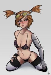 1girls aobacarry bikini bikini_bottom bikini_top blonde blonde_hair borderlands borderlands_2 cyborg female female_focus female_only flush gaige_(borderlands) gearbox_software goggles goggles_on_head prosthetic prosthetic_arm prosthetic_limb sci-fi science_fiction scifi solo solo_female striped_legwear thighhighs