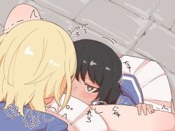 2girls andou_(girls_und_panzer) bc_freedom_military_uniform black_hair blonde_hair blue_eyes blush brown_eyes cunnilingus cute dark-skinned_female eye_contact female girls_und_panzer implied_oral kneeling licking_pussy looking_at_another medium_hair military_uniform multiple_girls oral oshida_(girls_und_panzer) pale-skinned_female petite pleated_skirt school school_uniform schoolgirl short_hair skinny skirt skirt_lift slim tan_skin teenager unfortunate_hero uniform white_skirt young yuri