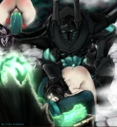 1girls 2boys artist_request ass black_hair death_sworn_series female from_behind interspecies league_of_legends legs_together long_hair male mordekaiser penetration penis pinned pussy rape size_difference soulstealer_vayne spitroast tagme tears thresh vaginal_penetration vayne