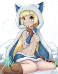 1girls abs alolan_vulpix alolan_vulpix_(cosplay) belly blonde_hair boots breasts canine cape cosplay female female_only feral fox furry green_eyes hood lillie_(pokemon) long_hair looking_at_viewer microskirt navel nintendo nude_female patreon pokemon pokemon_(cosplay) pokemon_(species) pokemon_sm rilex_lenov shy simple_background sitting skirt small_breasts snow solo solo_female source_request text vulpix wariza watermark