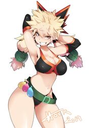 1girls 2019 armpits arms_behind_head artist_name belt bikini breasts cleavage condom condom_belt cowboy_shot female female_bakugou female_only filled_condom genderswap_(mtf) high_resolution hotvr katsuki_bakugou large_breasts light-skinned_female light_skin long_hair looking_at_viewer midriff my_hero_academia navel red_eyes rule_63 simple_background smile smiling smiling_at_viewer solo spiky_hair stomach swimsuit teasing teasing_viewer thighs tied_hair twintails uncensored white_background